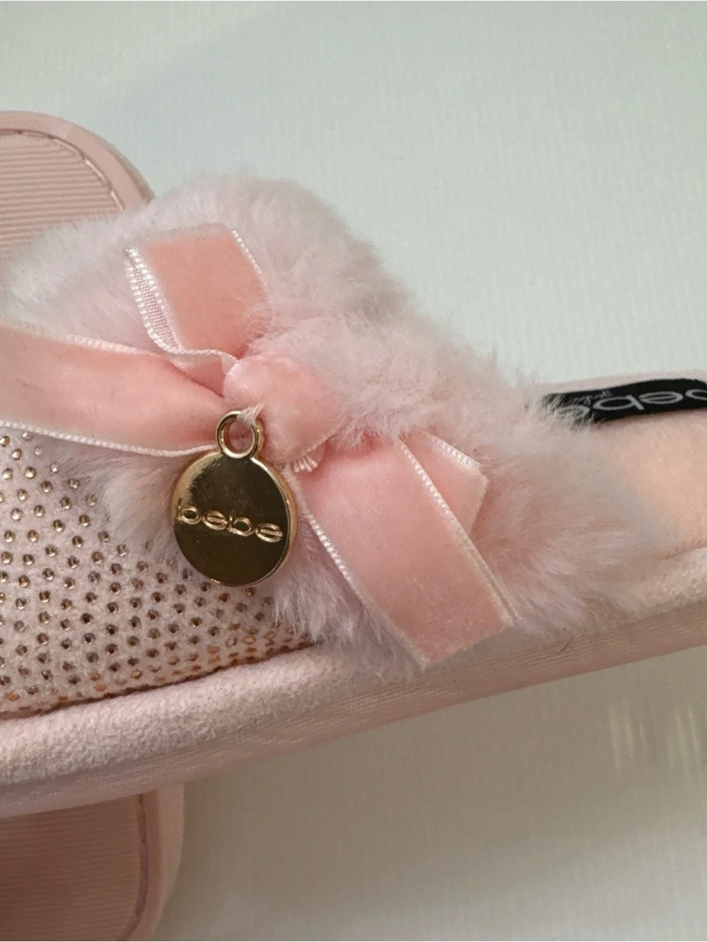 bebe Pink Faux-Fur Slip-On Slippers with Bow & Gold Charm